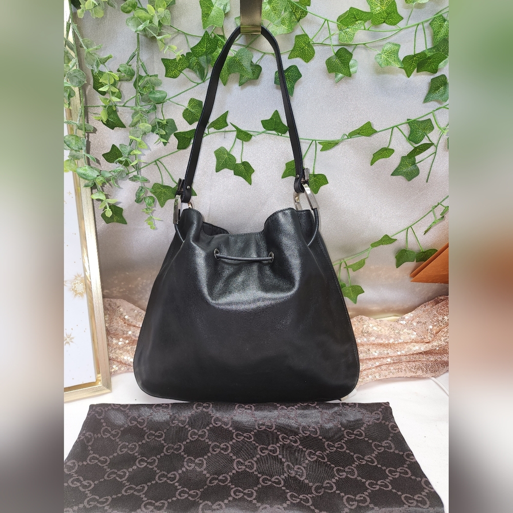 Authentic Gucci Shoulder Tote Drawstring Black Leather Bag W/ Dust Bag - Picture 17 of 17